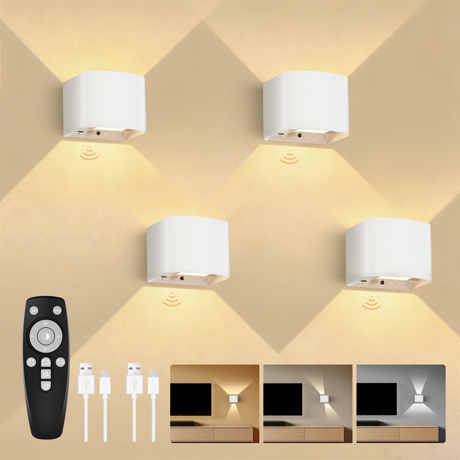 GeyouLux 6000mAh Akku-Wandleuchte mit Bewegungsmelder & Fernbedienung – 4er Set