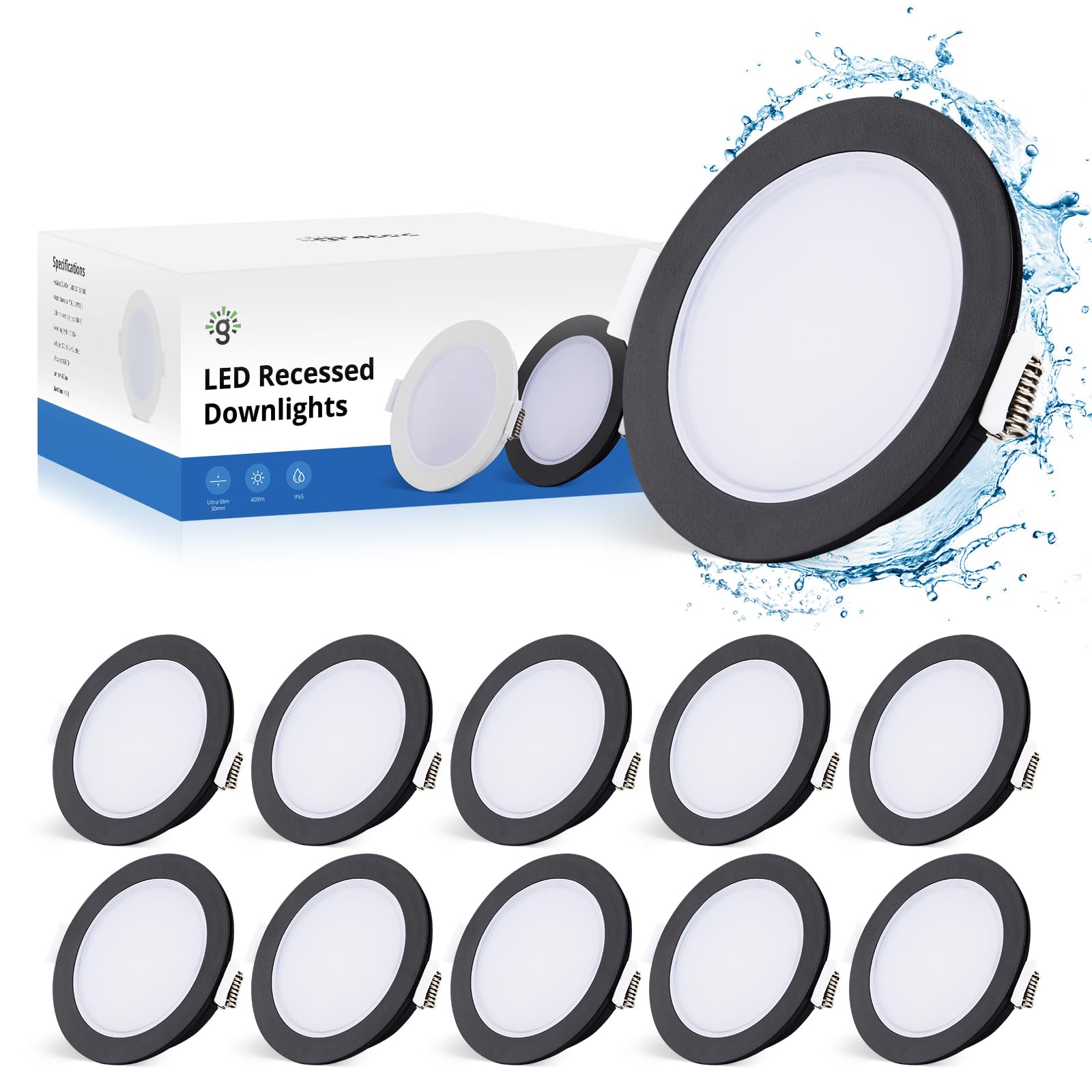 Gr4tec LED Einbaustrahler 10er Set 230V – IP65 Schwarz 5W 4000K für Badezimmer & Küche