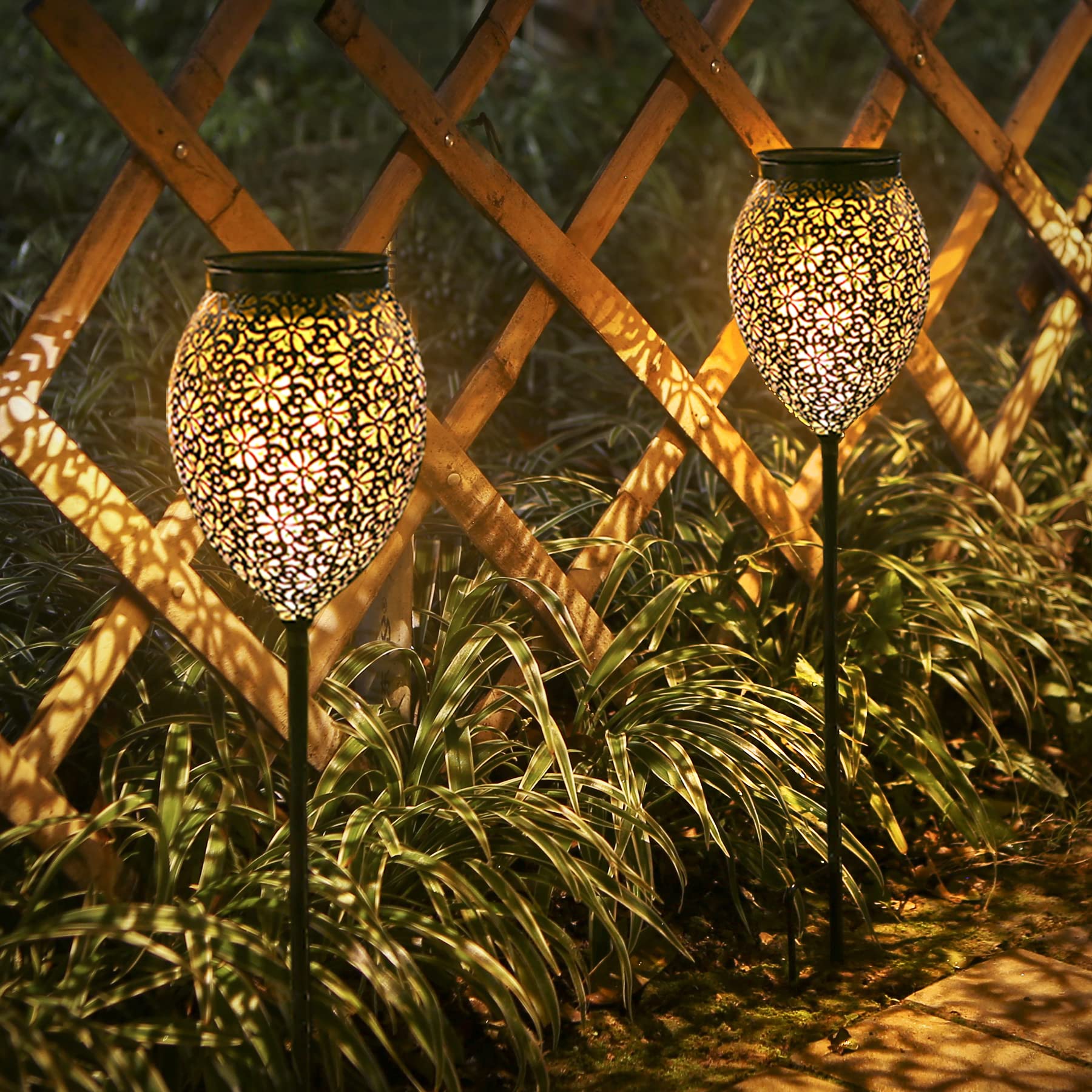JOYCREATOR 2er Set Metall Solarleuchten – IP65 Orientalische Gartenleuchte Warmweiss für Aussen