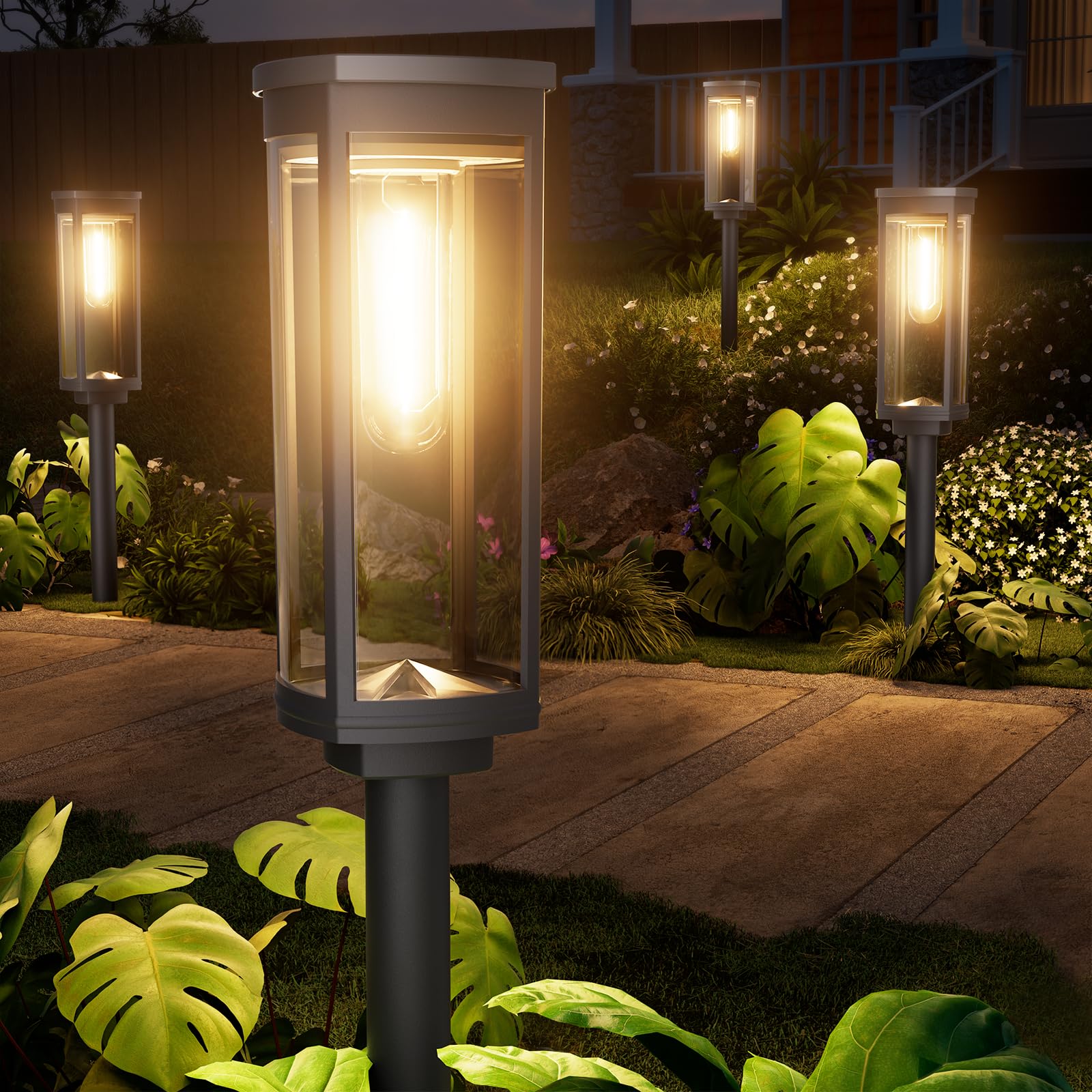 TRANSGUANG Solar-Gartenleuchte 4er Set, Warmweiss IP65 – LED-Wegbeleuchtung mit Auto-Sensor für Garten