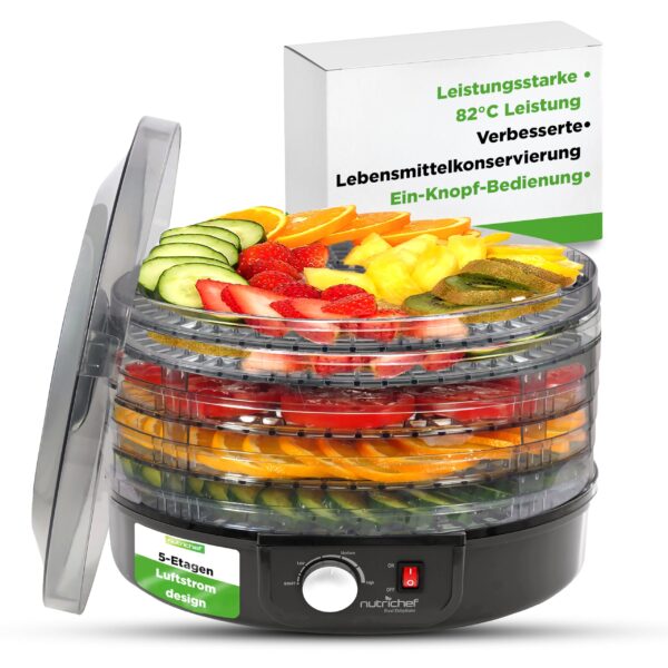NutriChef Dörrautomat mit 5 Einschüben – Nährstoffschonendes Dörrgerät für Obst, Fleisch & Gemüse