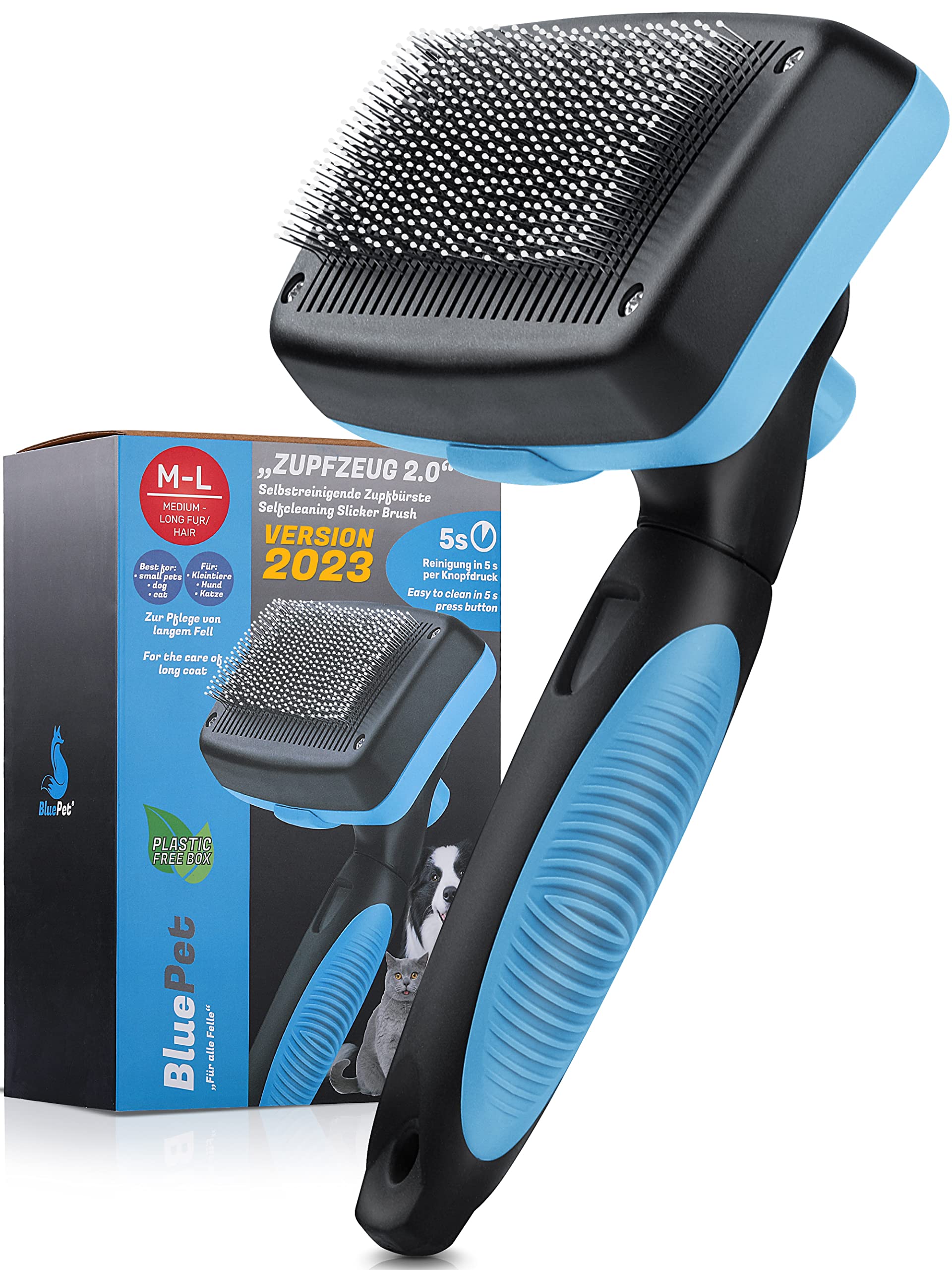 BluePet Zupfbürste für Hunde & Katzen – Selbstreinigende Langhaar-Bürste mit Knopfdruck