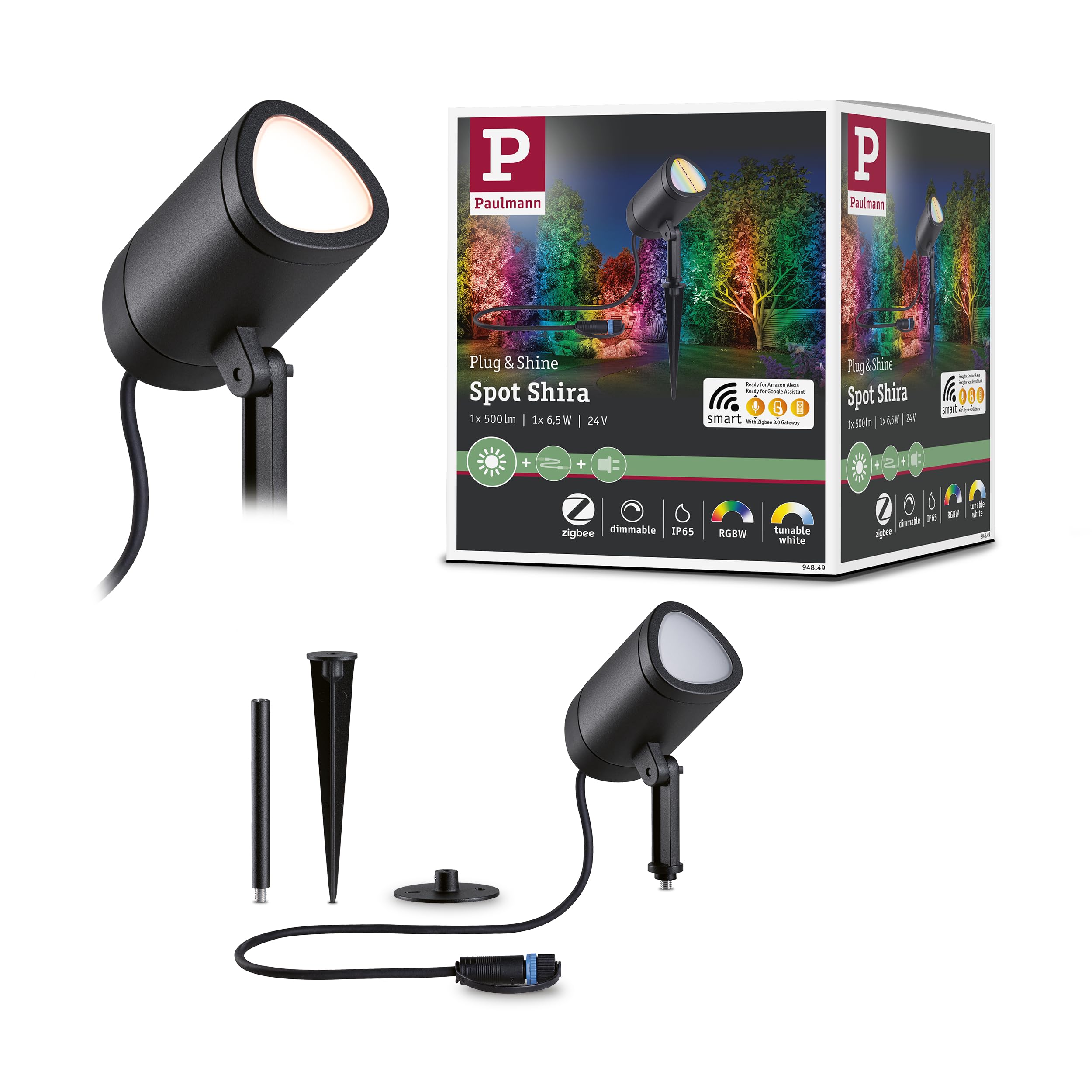 Paulmann Plug & Shine LED Gartenstrahler Shira – Smart Home Zigbee RGBW+ dimmbar