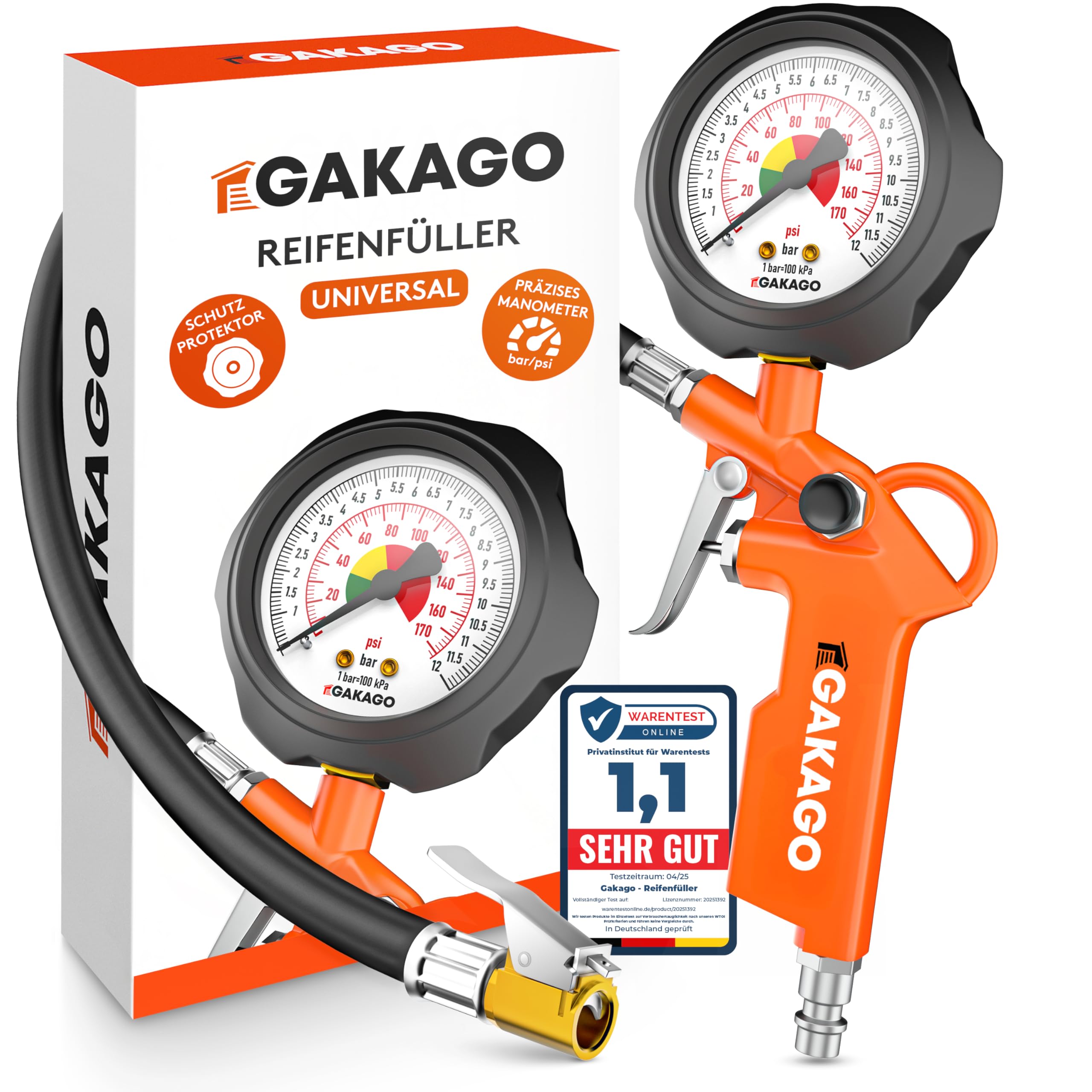 Gakago Reifenfüller mit 0-12 bar Manometer – Präziser Druckmesser für Auto, Fahrrad & LKW