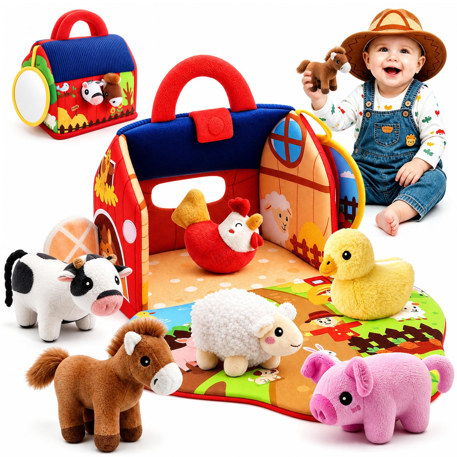 Toyzey Bauernhof-Spielset mit 6 Plüschtieren – Montessori Sensorik Spielzeug ab 6 Monaten