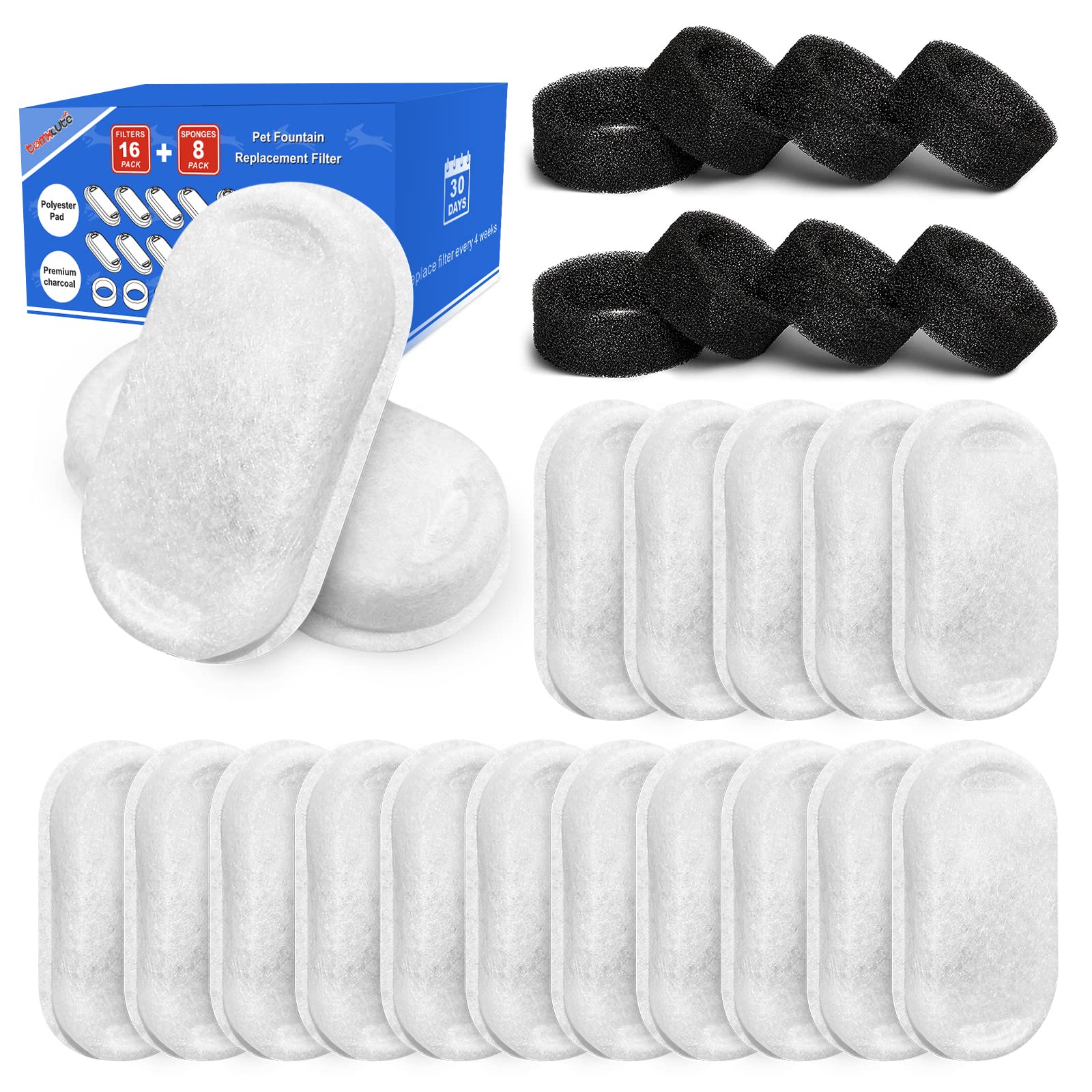 Ersatzfilter-Set für TOMXCUTE Katzenbrunnen – 16 Kohlefilter & 8 Vorfilterschwämme