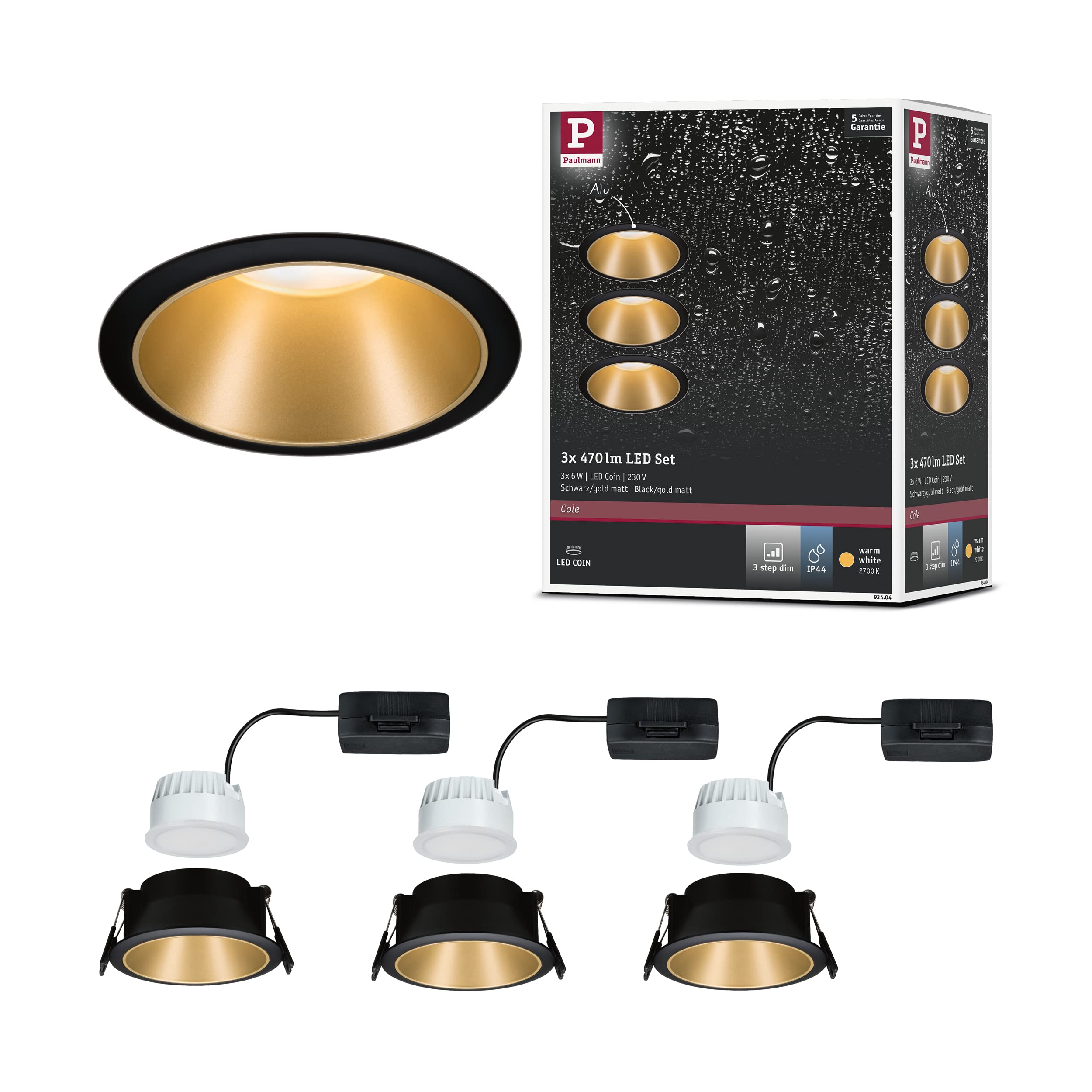 Paulmann Cole Coin Einbaustrahler 3-Stufen Dimmbar – LED Deckenleuchte Schwarz/Gold