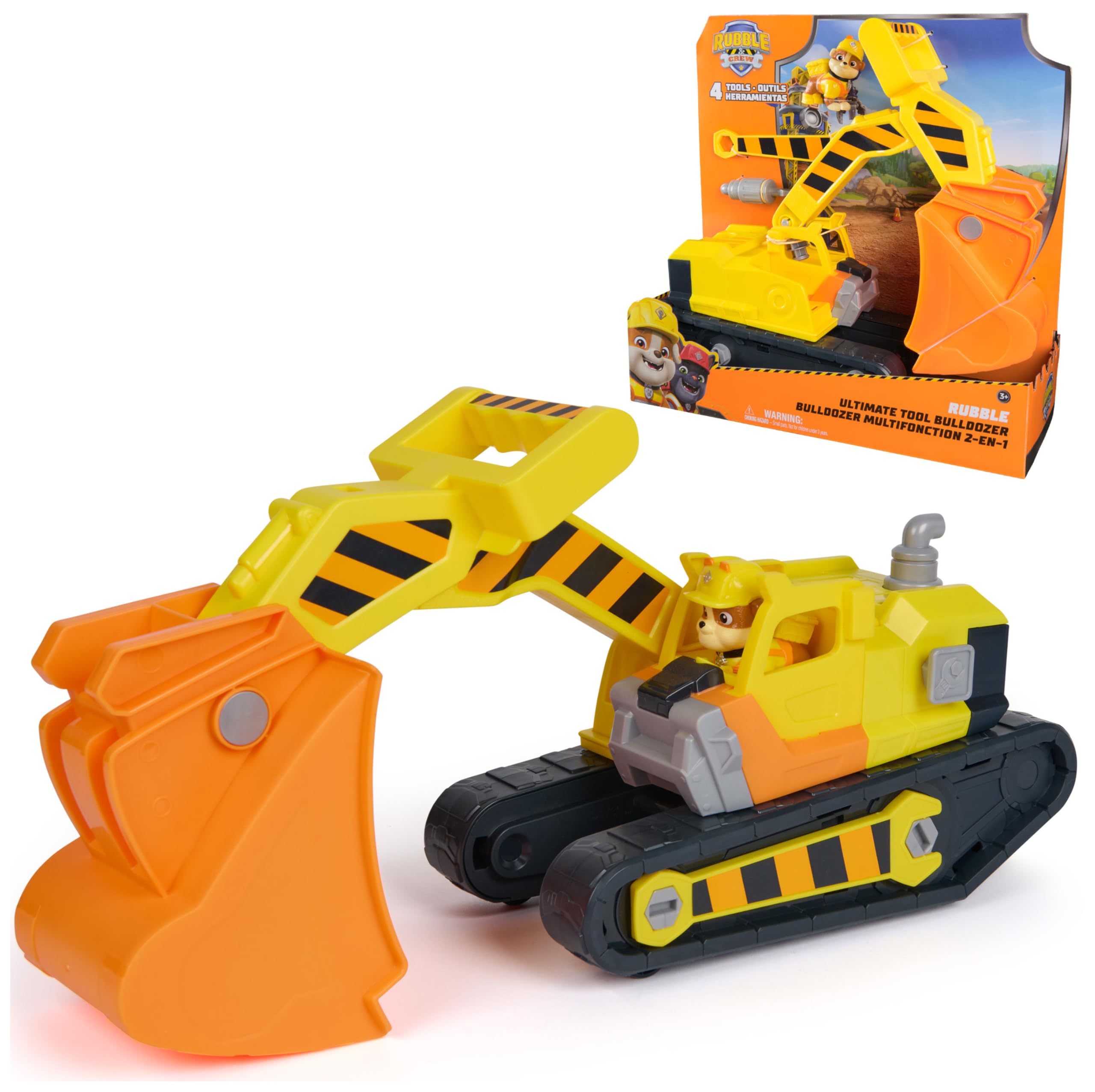 Rubble & Crew – 35 cm 2-in-1 Bagger & Planierraupe mit 4 Werkzeugen & Figur