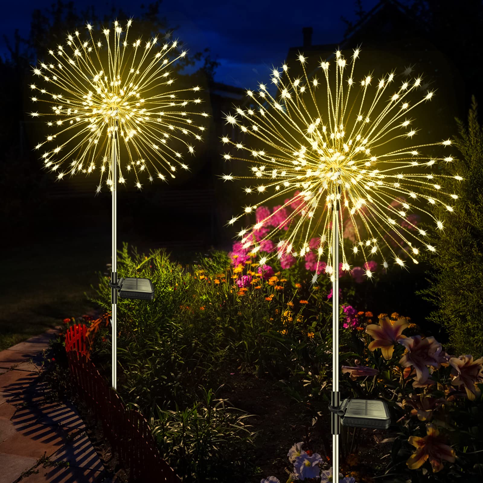 Liyade Solar-Gartenstecker 2er-Set, 120 LED Warmweiß – 8 Modi für Garten, Balkon & Terrasse