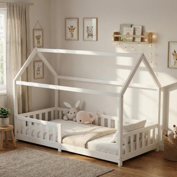ecomi® Kinderbett 90x200 Hausbett – Bodenbett mit Rausfallschutz & Lattenrost Kiefer Weiß