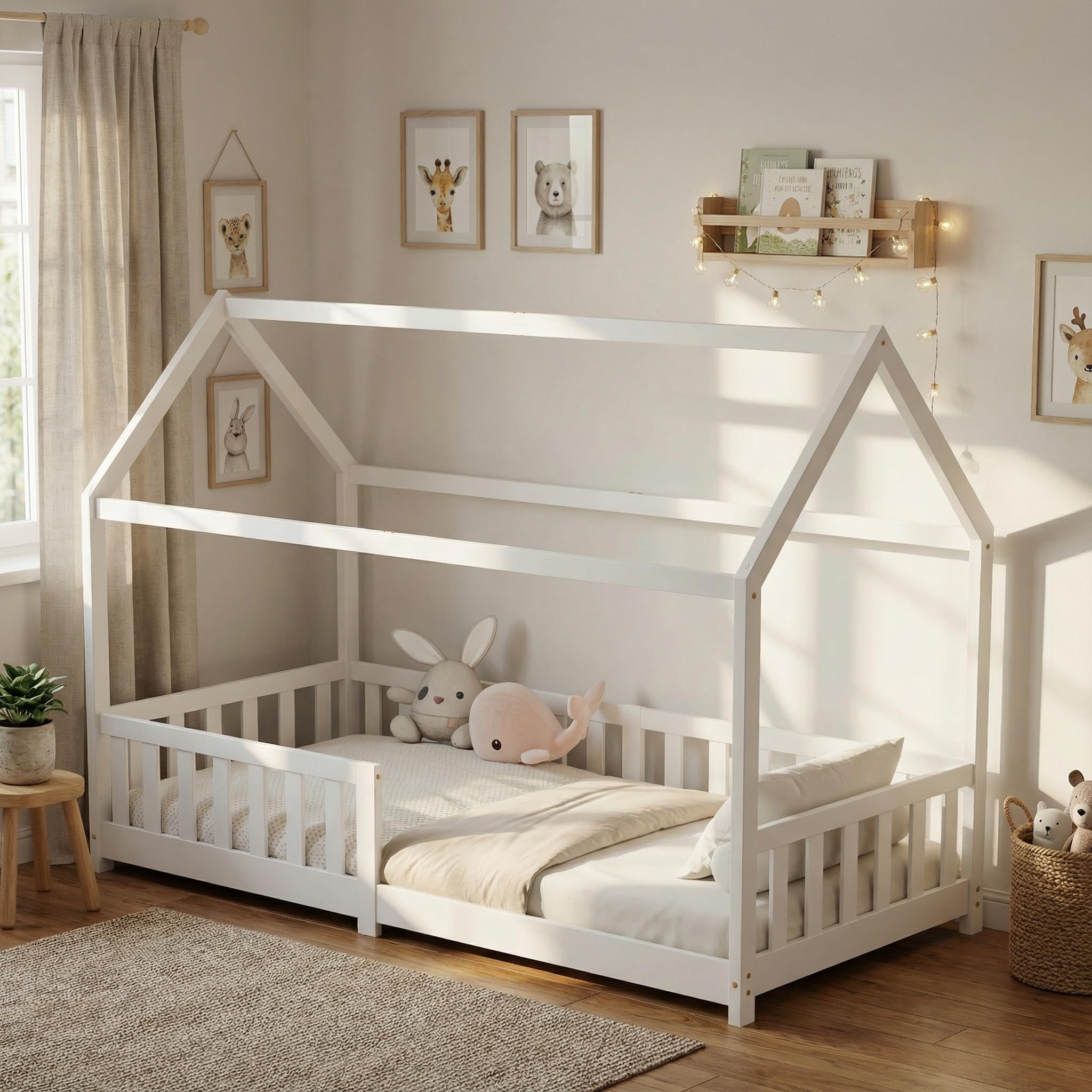 ecomi® Kinderbett 90x200 Hausbett – Bodenbett mit Rausfallschutz & Lattenrost Kiefer Weiß