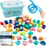 Faerly® Fädelspiel 60 Teile mit Aufbewahrungsbox – Montessori Motorikspielzeug ab 2 Jahren