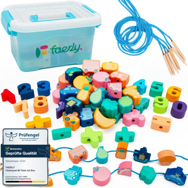 Faerly® Fädelspiel 60 Teile mit Aufbewahrungsbox – Montessori Motorikspielzeug ab 2 Jahren