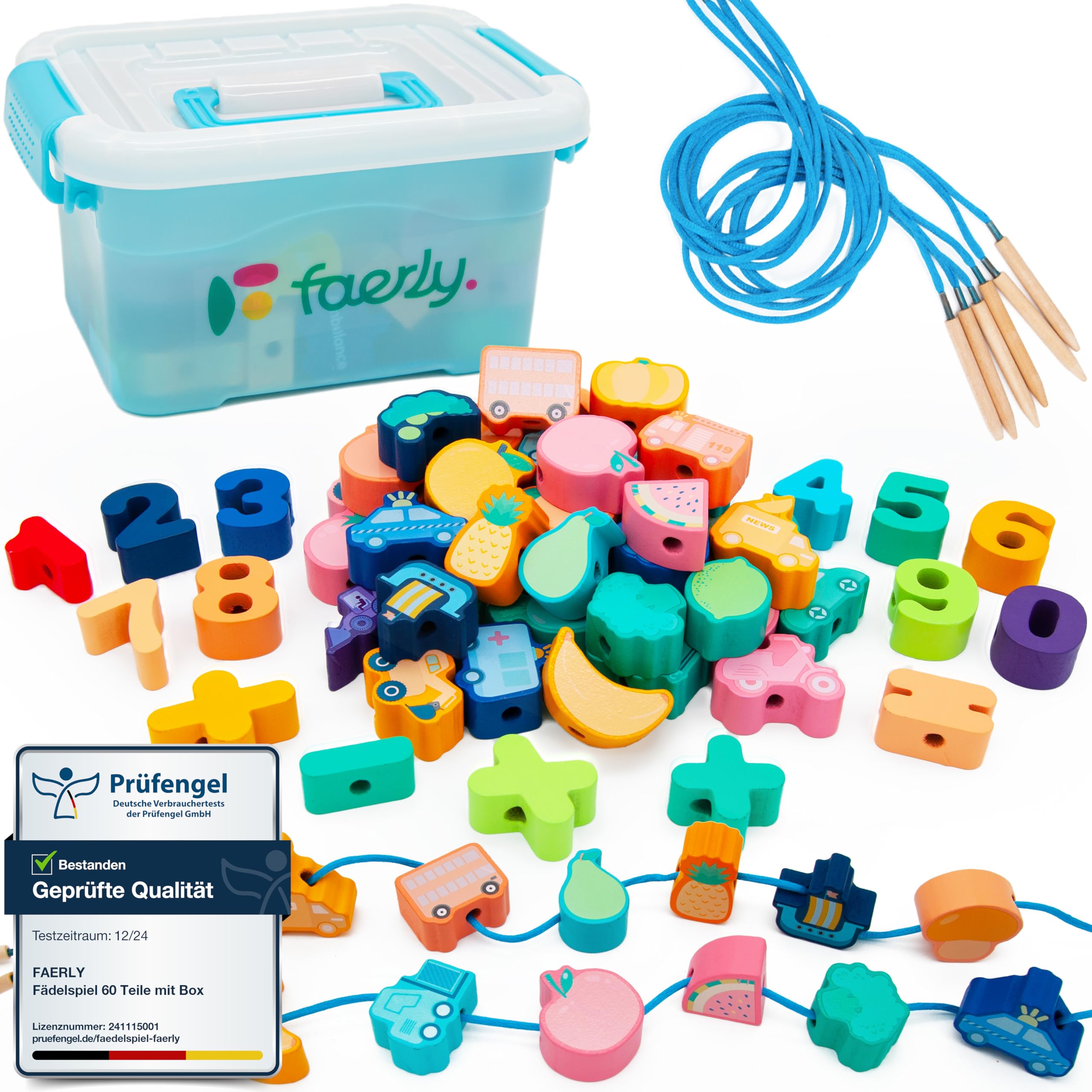 Faerly® Fädelspiel 60 Teile mit Aufbewahrungsbox – Montessori Motorikspielzeug ab 2 Jahren