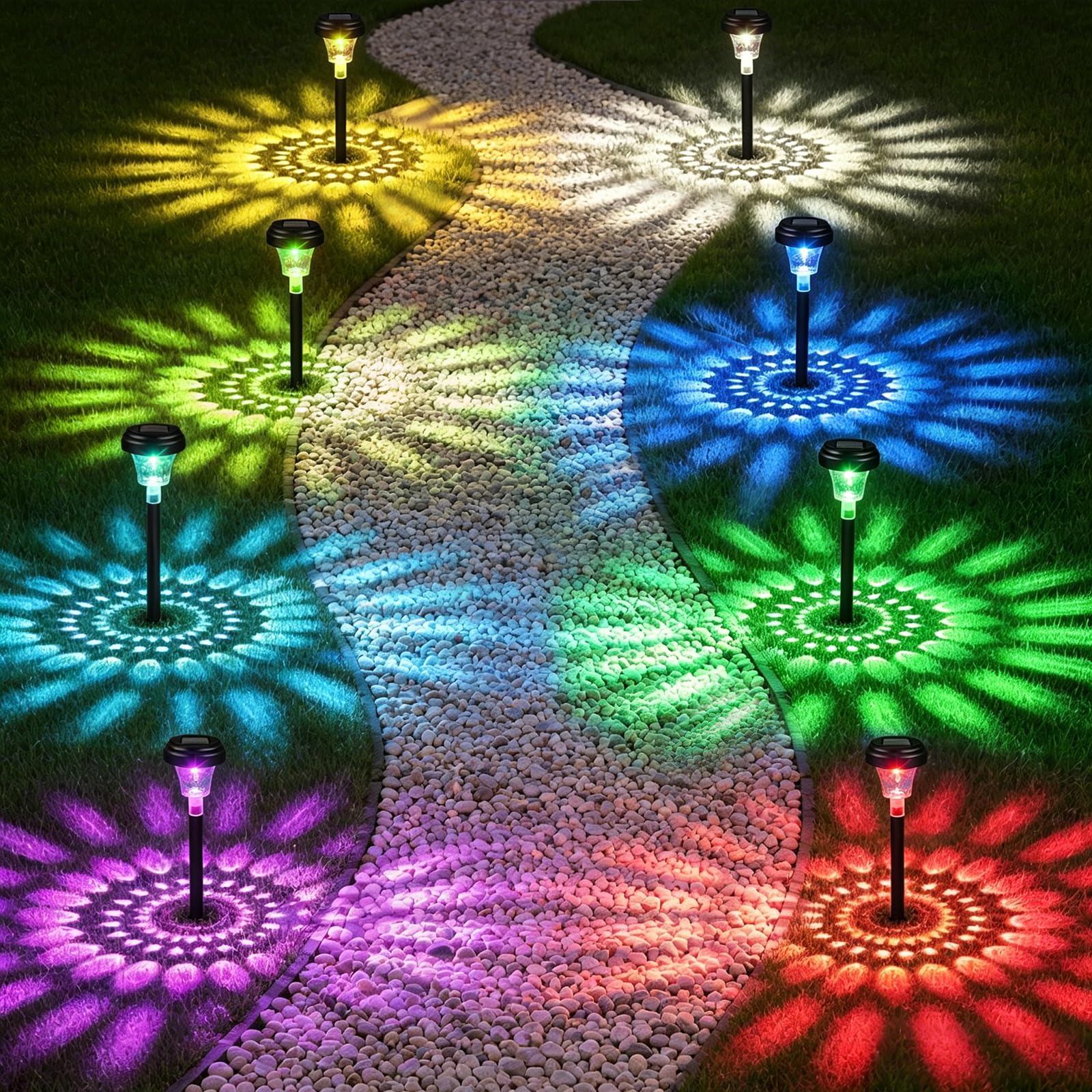 Akynite 8er Set Solar-Gartenleuchten RGB Farbwechsel & Warmweiss – IP65 Wegeleuchten