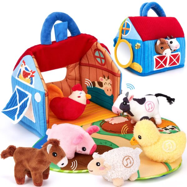 hahaland Montessori Bauernhof-Spielzeug mit 6 Sensorik-Plüschtieren – Lernspielzeug für Babys 6–12 Monate
