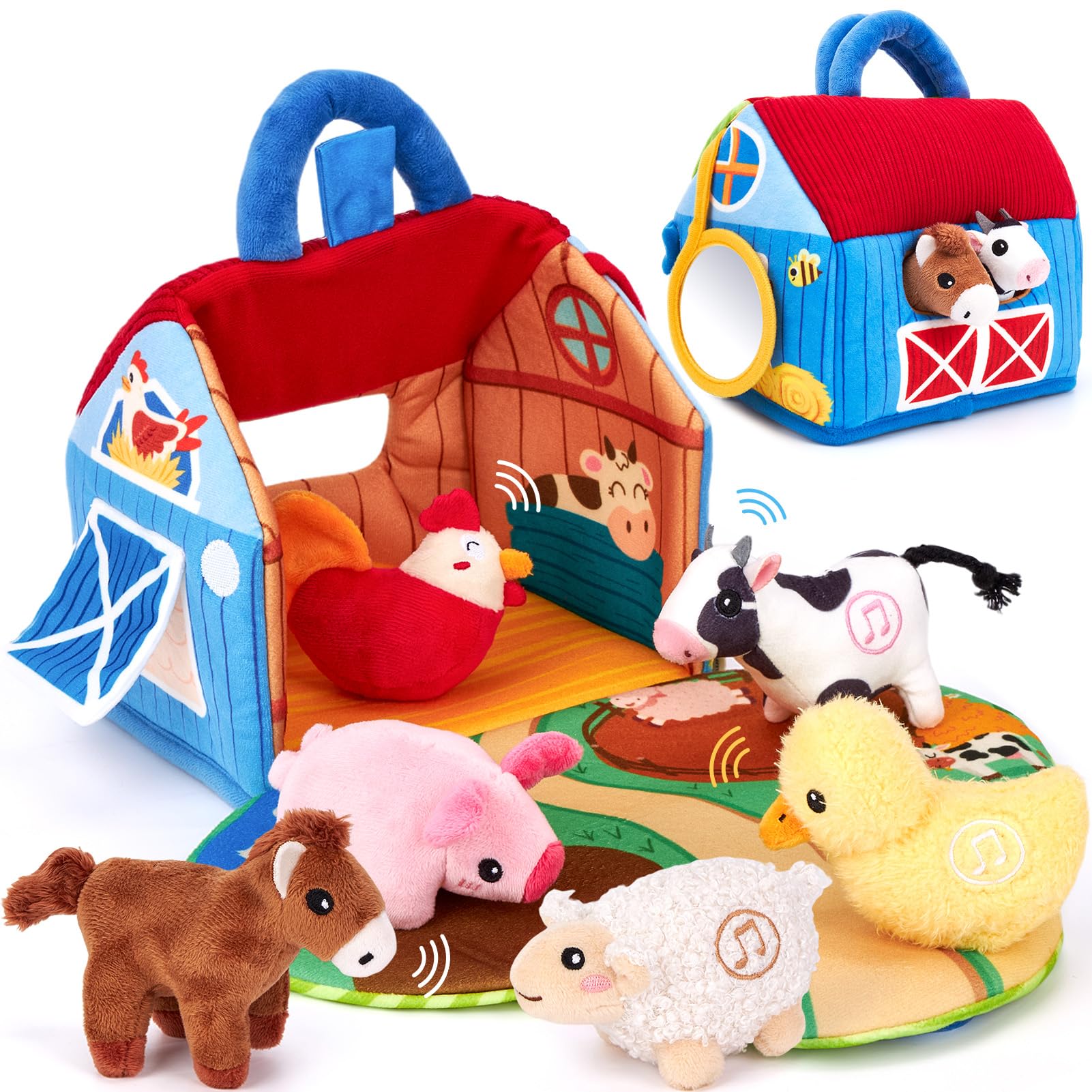 hahaland Montessori Bauernhof-Spielzeug mit 6 Sensorik-Plüschtieren – Lernspielzeug für Babys 6–12 Monate