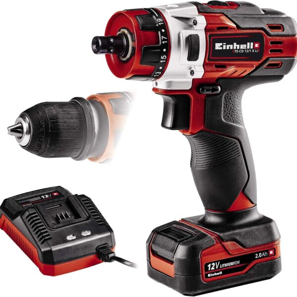 Einhell Akku-Bohrschrauber TE-CD 12/1 X-Li – 12V Li-Ion mit Zwei-Gang-Getriebe & LED
