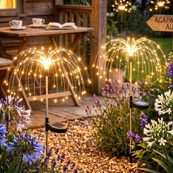 Dekofun Solar Feuerwerk Gartenleuchten 2er Set mit 120 LED – 8 Modi Solarstecker