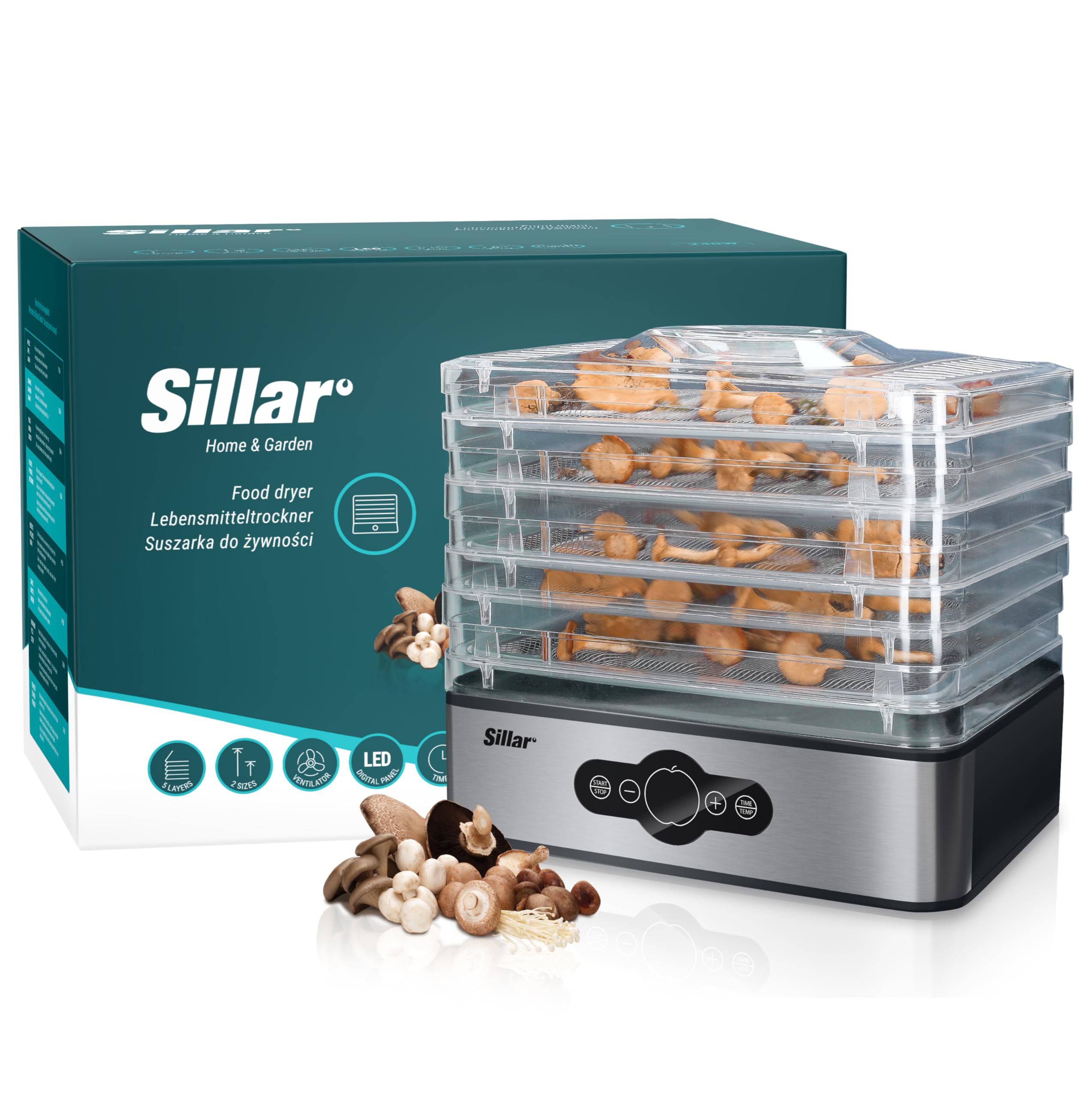 Wessper Sillar Edelstahl Dörrautomat digital – 5 Etagen, Timer 99 Std, 35–70°C, BPA-frei