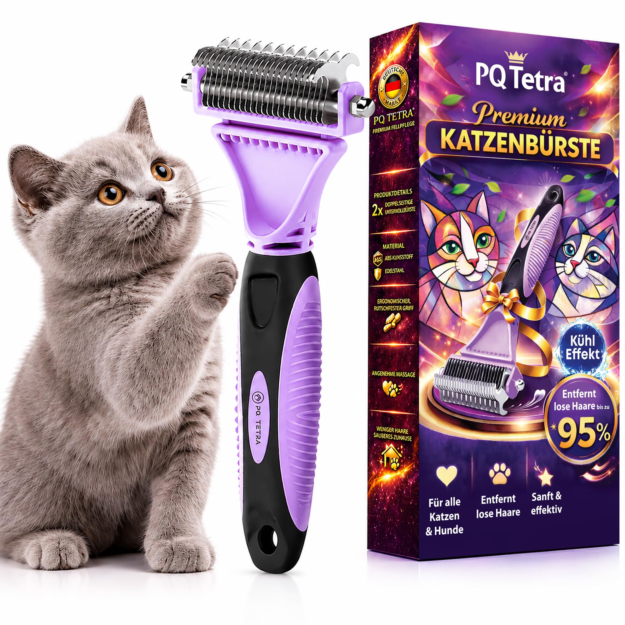 PQ TETRA Doppelseitige Katzenbürste – Unterwollbürste für Kurz- & Langhaar