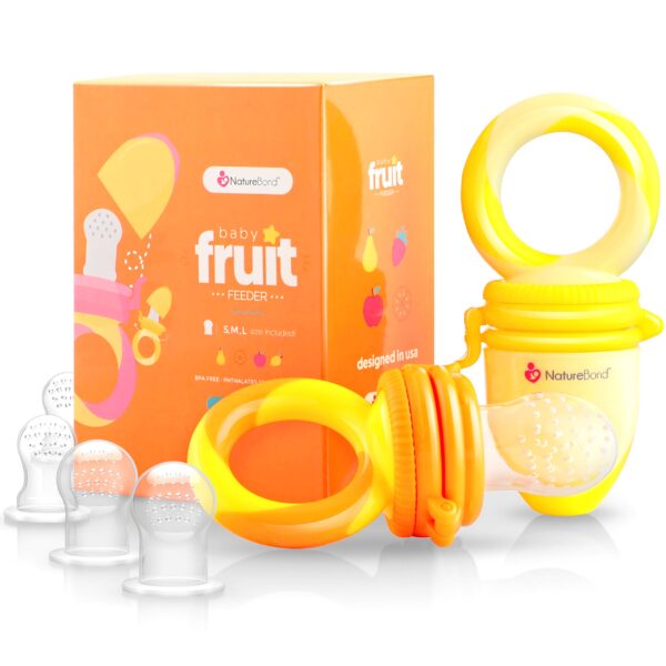 NatureBond Fruchtsauger Baby 2er Set mit 6 Silikonaufsätzen – Beissring & Obstschnuller ab 3 Monate