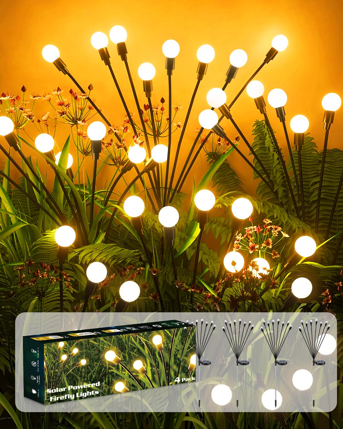 AdalyRoma Solarleuchten 4er-Set mit 32 LED – Glühwürmchen-Gartendeko IP65 wasserdicht