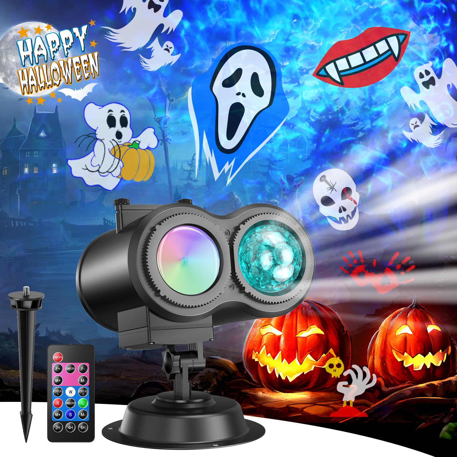 Macchiatto Halloween Projektor 2-in-1 – 20 Muster & 10 Farben mit Fernbedienung