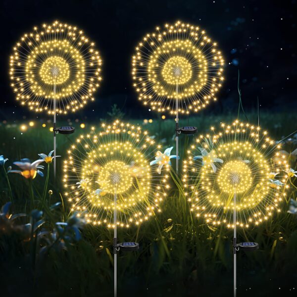 HELESIN Solar Gartenleuchte 4er Set mit 120 LEDs – Warmweiss Feuerwerk Deko für Aussen