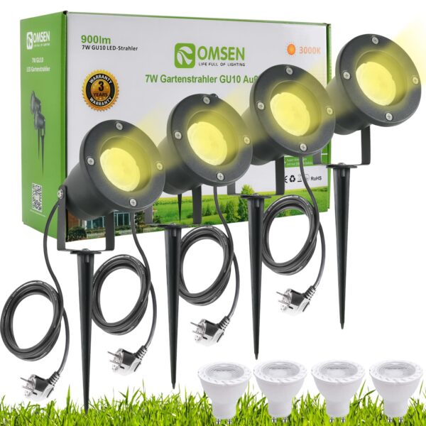 OMSEN LED Gartenstrahler 4er Set mit GU10 7W – Warmweiss Gartenleuchte IP67 Wasserdicht