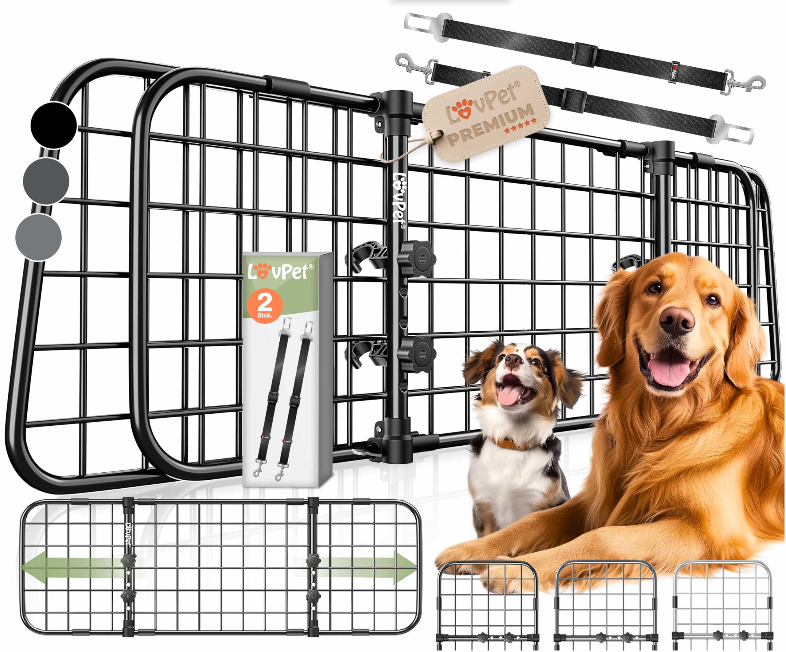 LOVPET® Hundetrenngitter Auto 92–152 cm – Universales Kofferraumgitter mit Sicherheitsgurten
