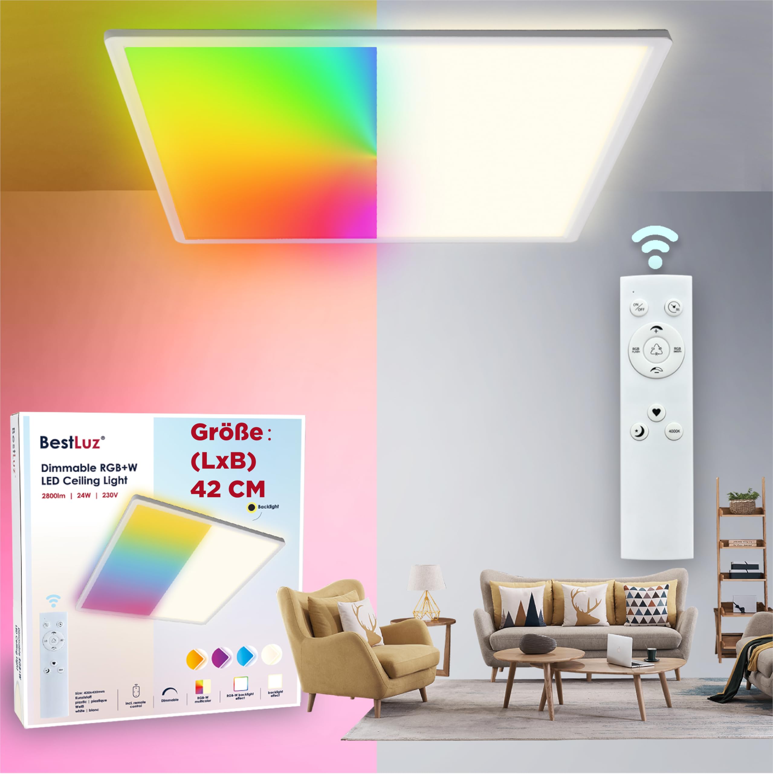 BestLuz LED Deckenleuchte 42x42 cm, 24W RGBW – Dimmbar mit Fernbedienung & Backlight