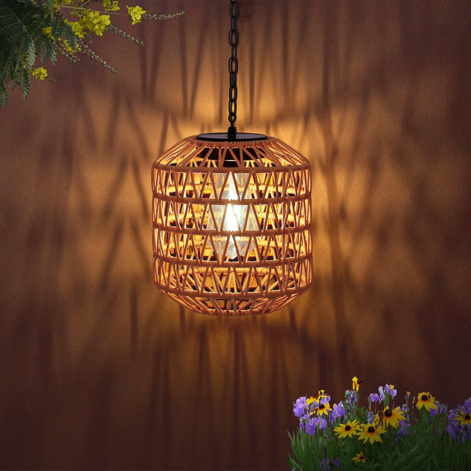 pearlstar Solar-Hängeleuchte Boho Rattan – Wetterfeste Gartenlampe mit Metallkette