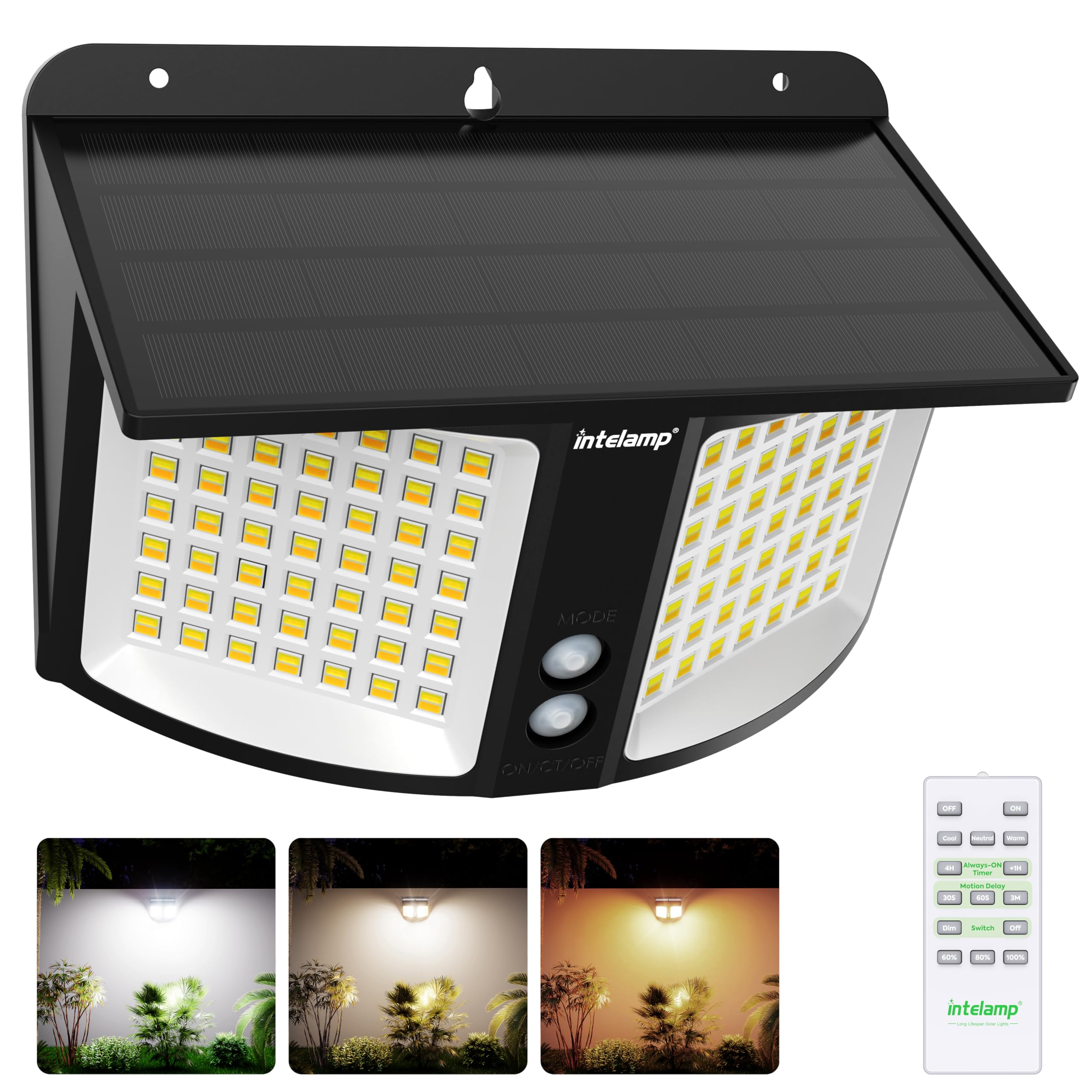 INTELAMP Solar Wandleuchte mit Bewegungsmelder, 1200lm, Fernbedienung & Timer