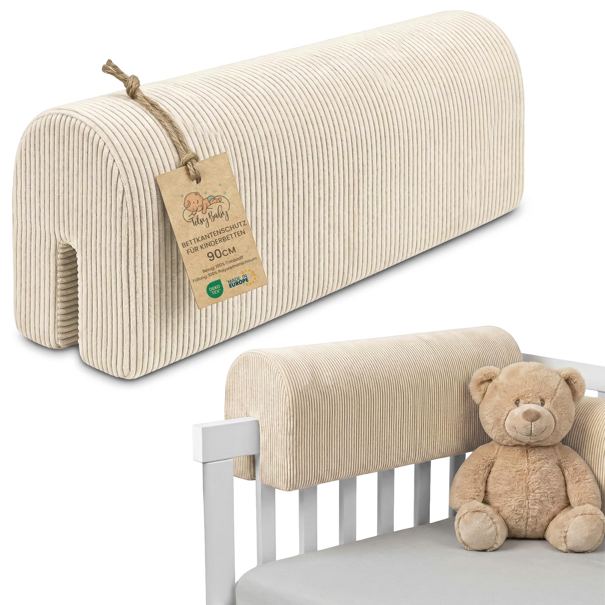 Bettkantenschutz 90 cm mit Cordstoff – Sicherheitspolster für Babybetten Oeko-Tex