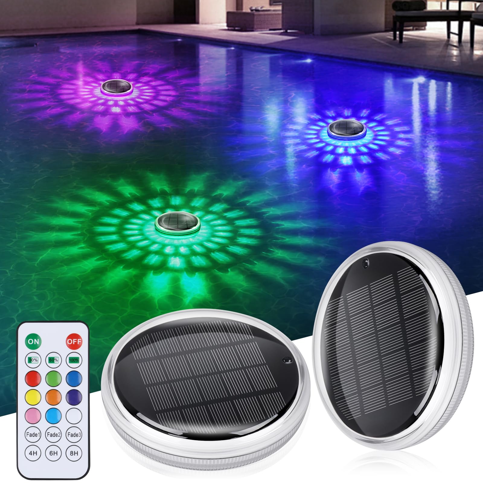 INTERESTIME Solar Poolbeleuchtung RGB 2er Set – Unterwasser Licht mit Fernbedienung & Timer