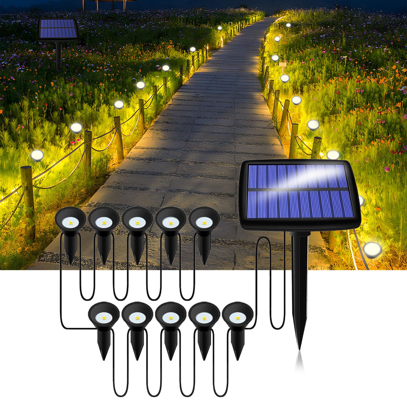 Weiongppy Solar-Gartenleuchten 5.5M mit 10 LED – IP44 Wasserdicht, Warmweiss 3000K
