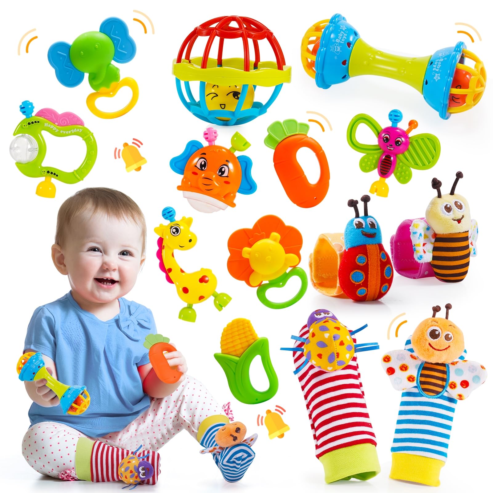 Tsokize 14er Babyspielzeug Set – Rasseln & Beissringe für 0–12 Monate