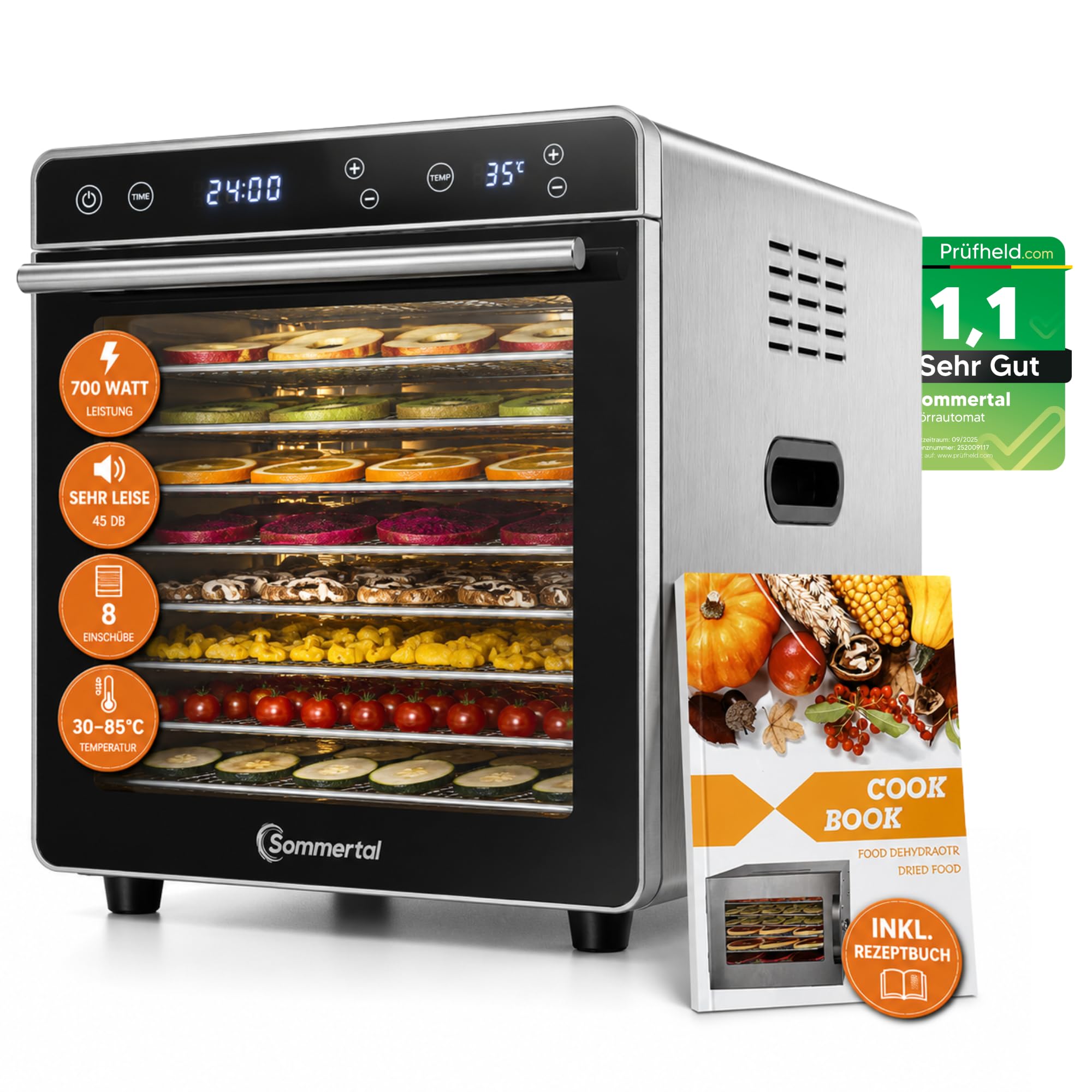 Sommertal Dörrautomat Silence 700 XXL – 8 Edelstahlgitter, 700W, digitale Temperatursteuerung