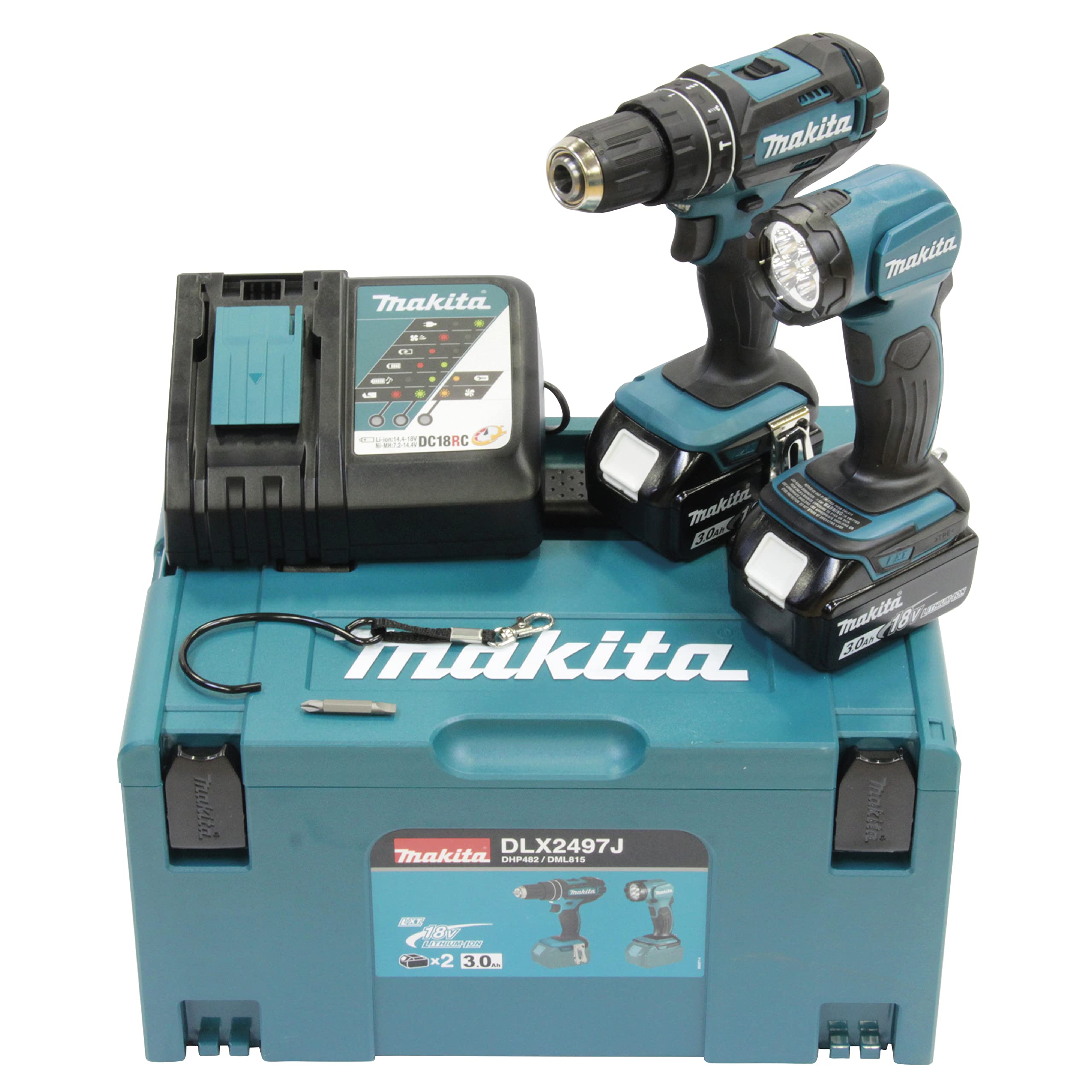 Makita DLX2497J Akku-Kombo-Kit 18V – Schlagbohrschrauber & LED-Handleuchte mit 2 Akkus