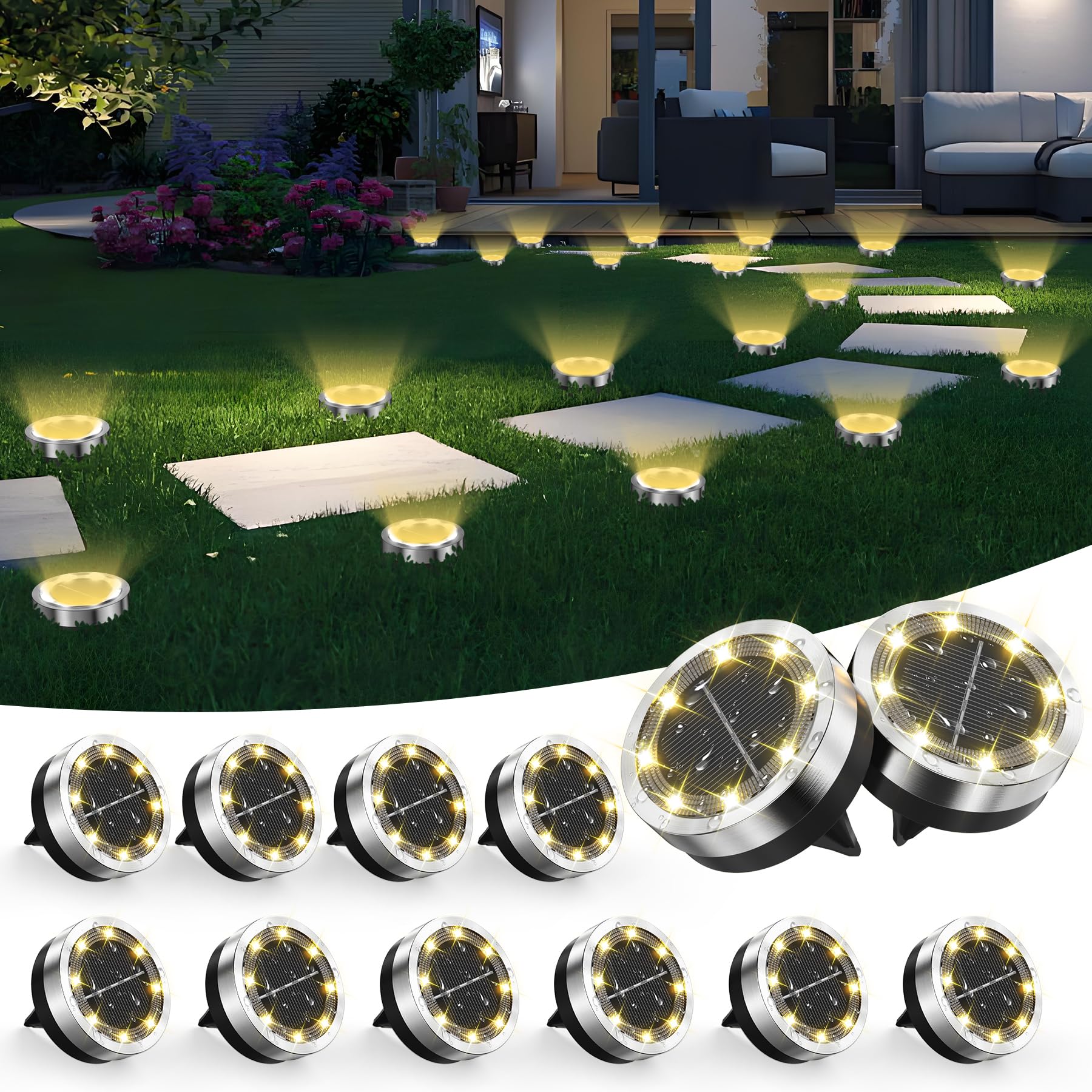 Dankeled 12er Solar Bodenleuchten – Warmweiss LED Gartenbeleuchtung IP65 wasserdicht