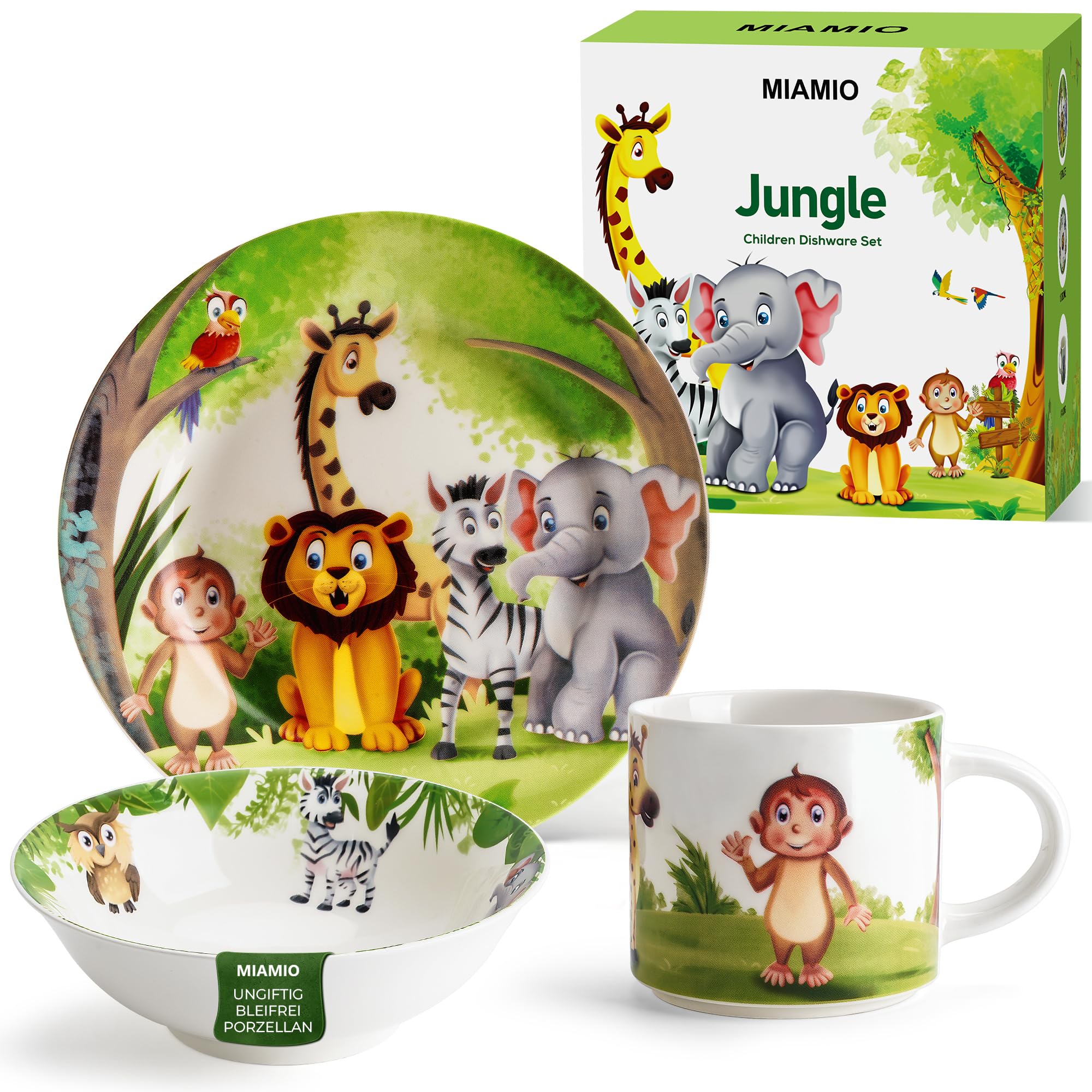MIAMIO Kindergeschirr Set 3-teilig Keramik – Dschungel-Design, spülmaschinenfest