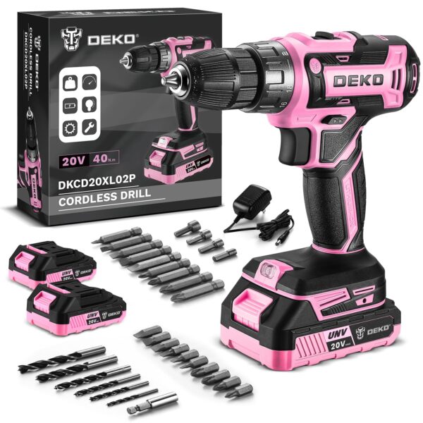 DEKOPRO 20V Akkuschrauber Set mit 2×2.0Ah Akkus & LED – 45Nm Bohrschrauber Rosa