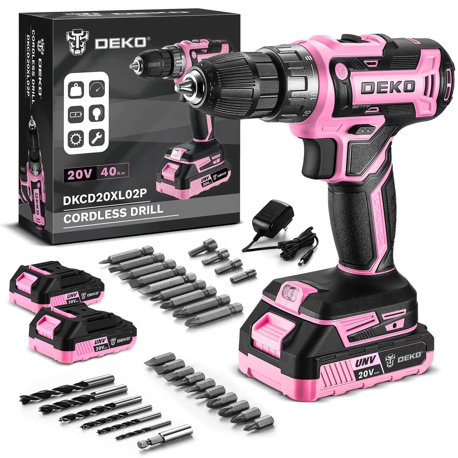 DEKOPRO 20V Akkuschrauber Set mit 2×2.0Ah Akkus & LED – 45Nm Bohrschrauber Rosa