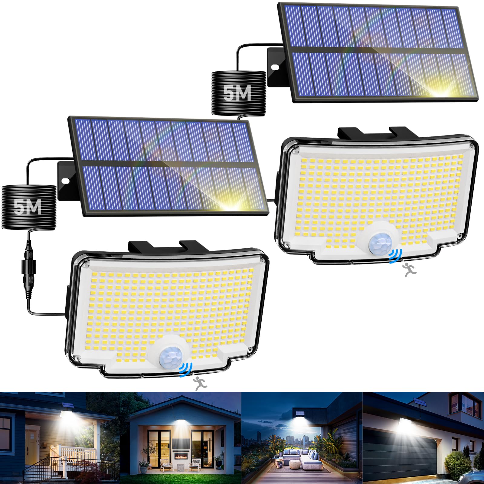nipify 2er Set Solarleuchten mit Bewegungsmelder & separatem Panel – 318 LED IP65