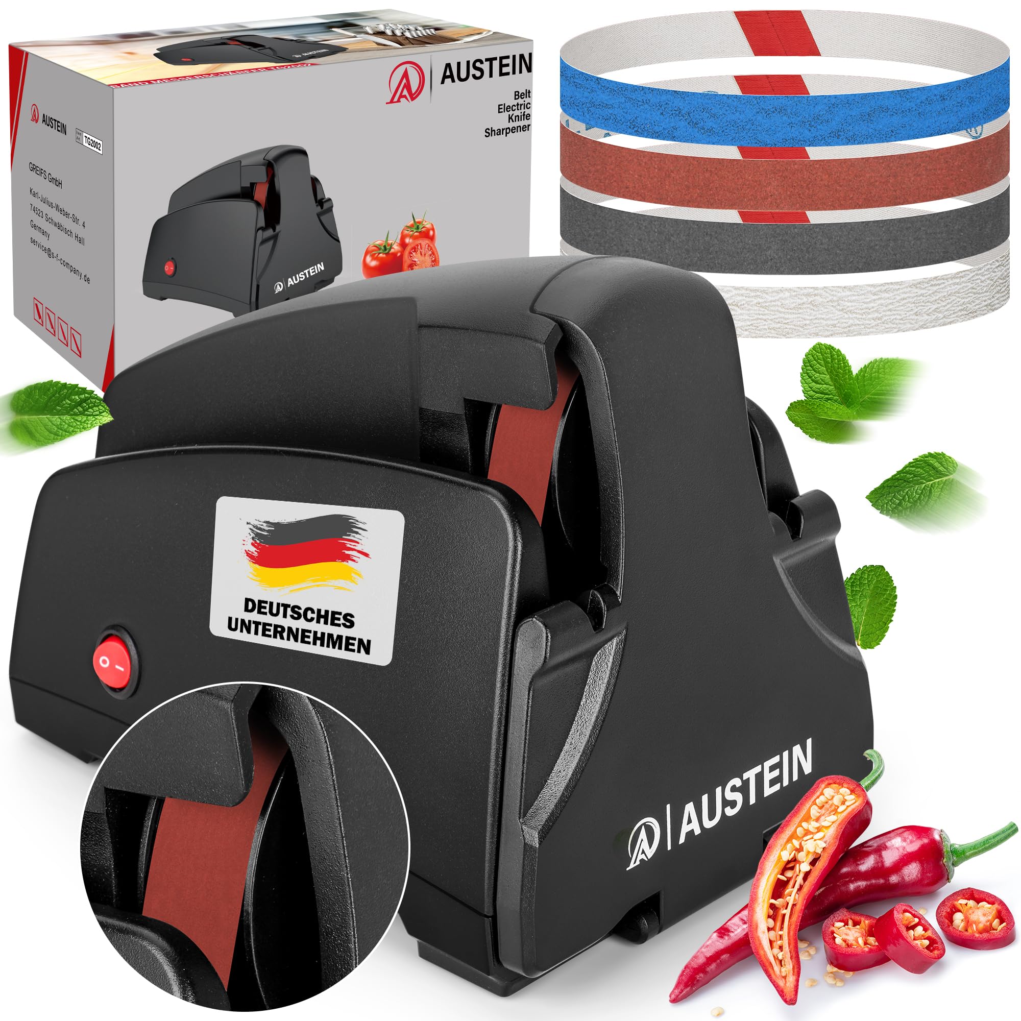 AUSTEIN® TG2002 Elektrischer Bandmesserschärfer – Konvexer Profi-Schliff mit 4 Körnungen