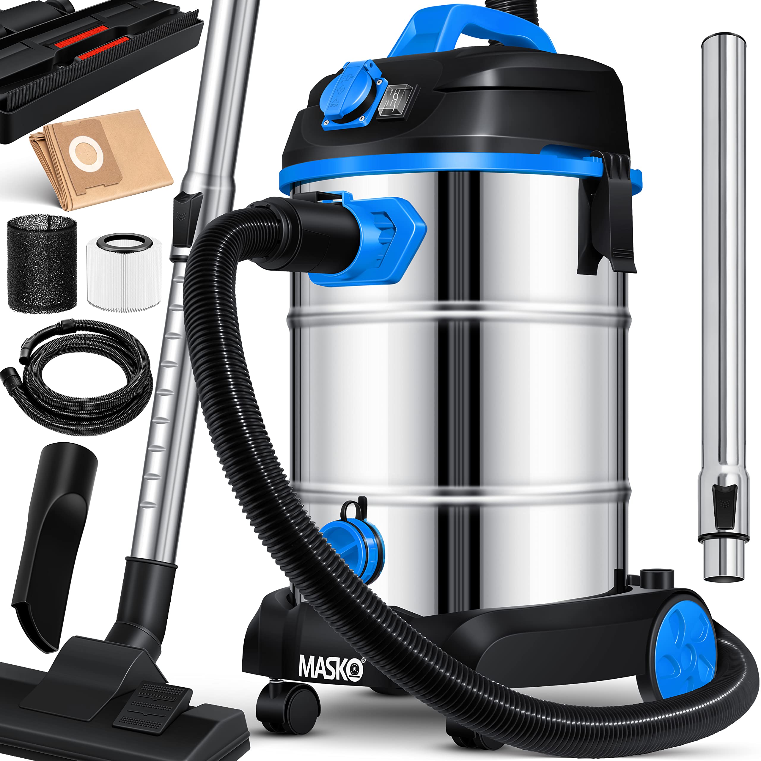 MASKO® Industriestaubsauger 30L mit HEPA-Filtersystem – Nass-Trockensauger 1800W für Werkstatt