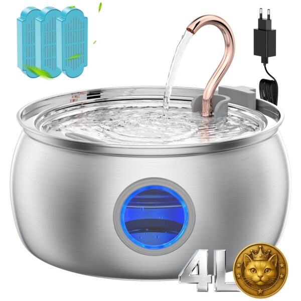 TOMXCUTE Katzenbrunnen 4,0L Edelstahl – Leise Trinkbrunnen mit Schwanenhals & 3 Filtern