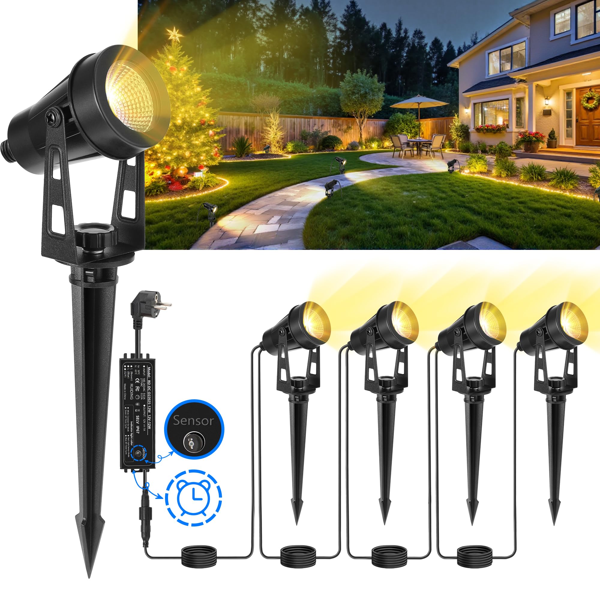 LAMPELIP 4er Pack LED Gartenstrahler 14M mit Zeitschaltuhr – Wasserdicht IP65 für Garten & Terrasse