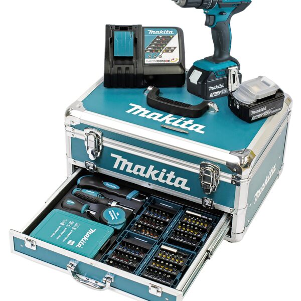 Makita DHP482RFX9 Akku-Schlagbohrschrauber 18V – Profi-Set mit 2 Akkus & 96er Zubehör